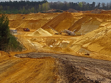 heavy equipment vehicles on mining site, Open Pit Mining, Sand HD wallpaper
