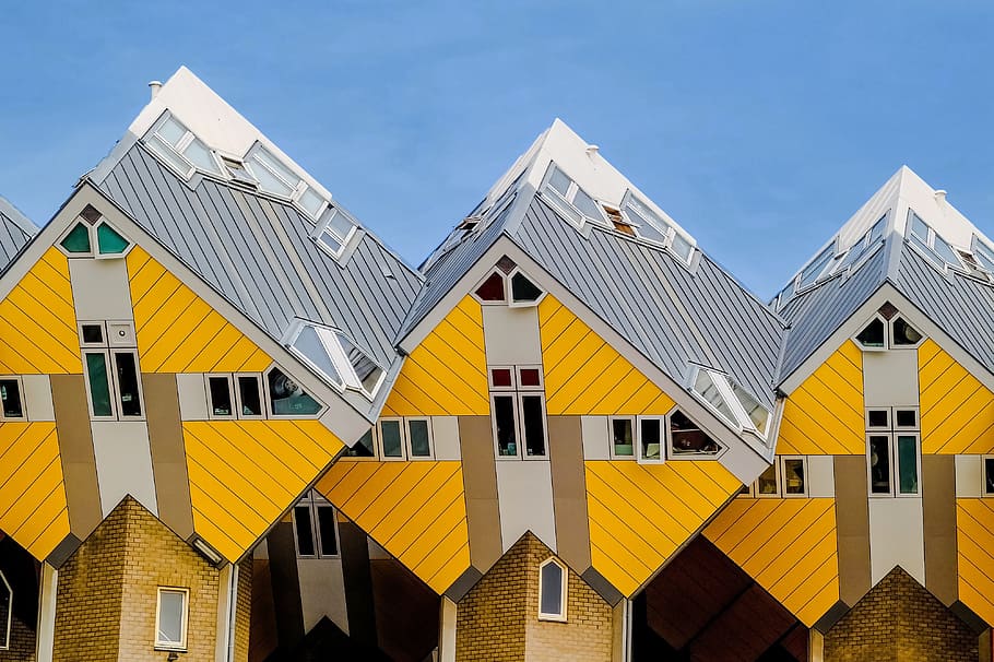 three yellow-and-blue houses wallpaper, home, cubic house, modern