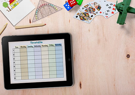 black tablet computer showing chart table on screen, timetable HD wallpaper