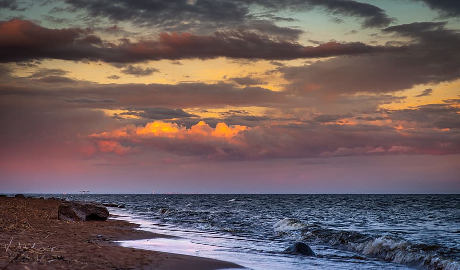 landscape photography of seashore under golden hour, sunset HD wallpaper