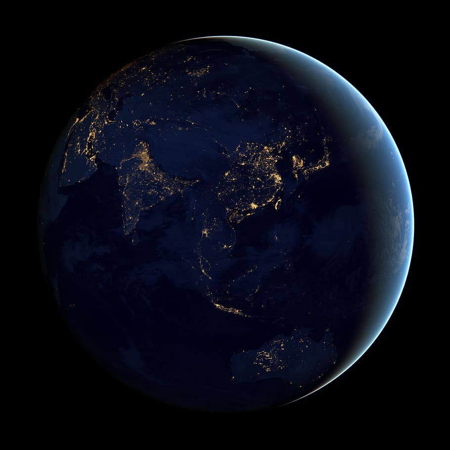 planet earth, asia, globe, cities, lights, space, night, satellite HD wallpaper