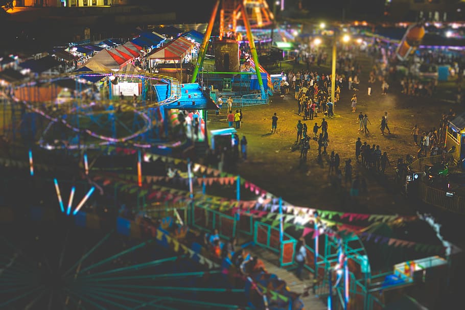 bird's eye view of carnival, aerial photo of theme park, funfair HD wallpaper
