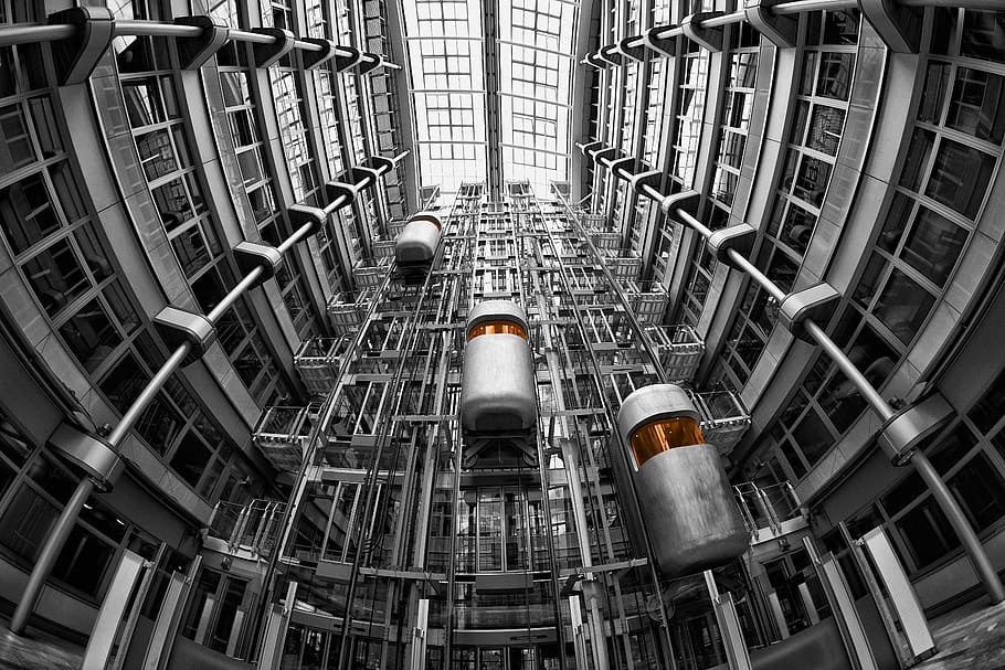 gray metal elevators, lifts, architecture, ludwig erhard haus