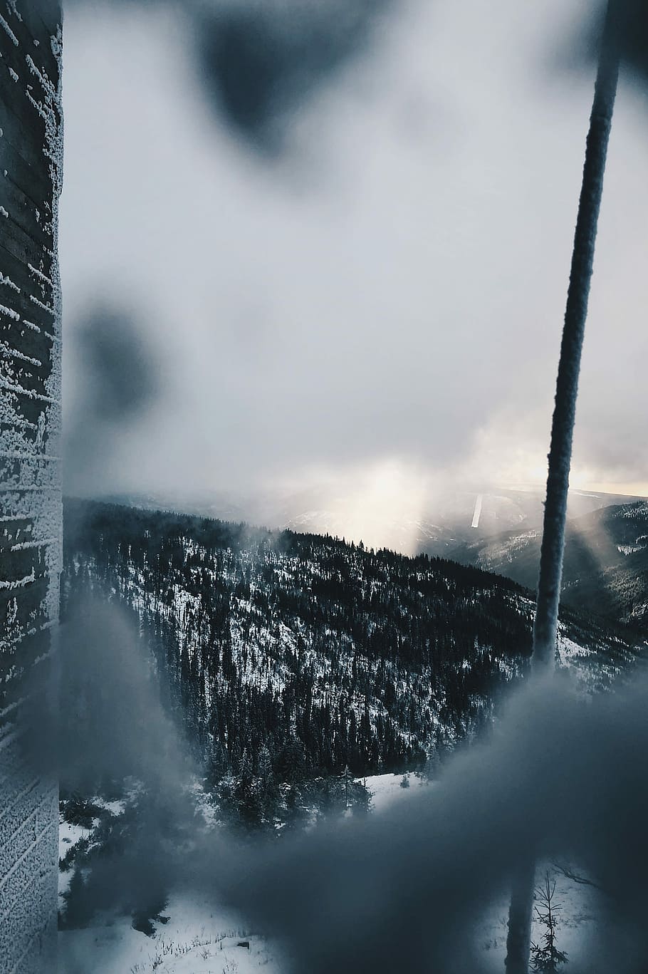 view of mountain with trees, snow mountain under cloudy sky during daytime HD wallpaper