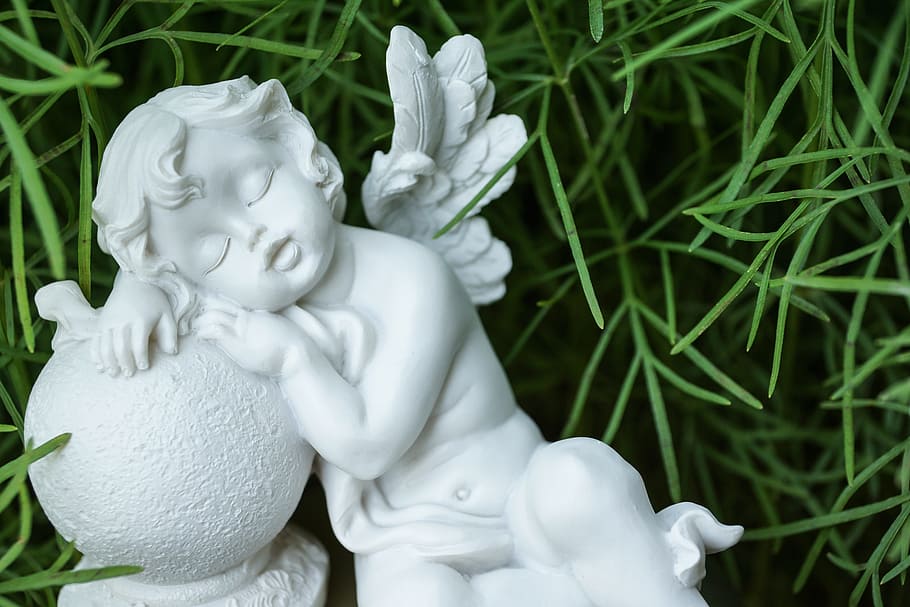 leaning cherub figurine, angel, statue, sleeping, dormant, rest, HD wallpaper