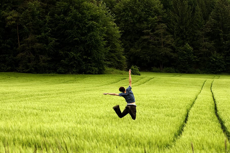 man wears black shirts jumping on green fields near forest during daytime, HD wallpaper