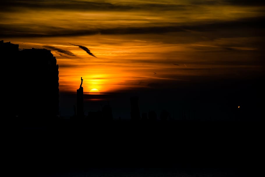 dark, skies, statue, sun, sunset, silhouette, cloud - sky, orange color HD wallpaper