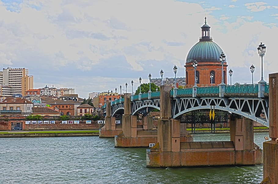 green and blue river bridge under cloudy sky, france, toulouse, HD wallpaper