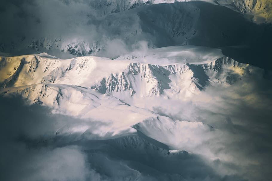 aerial photography of snow-covered mountain, aerial photography of snow covered mountain HD wallpaper