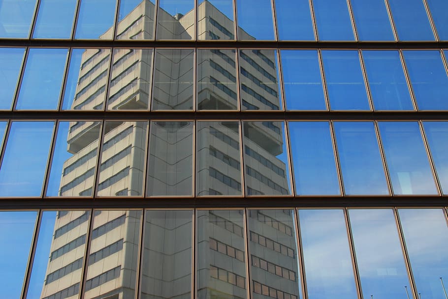 building, architecture, reflection, blue, lines, stripes, squares HD wallpaper
