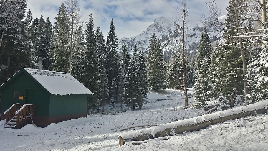 winter, cabin, mountains, snow, landscape, hut, forest, cold HD wallpaper