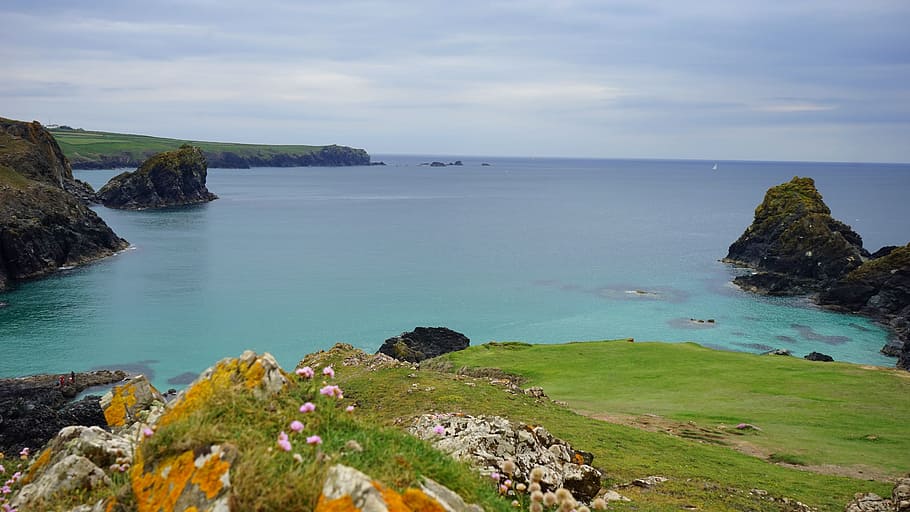 sea, landscape, nature, sky, beach, blue, cliff, clouds, coast HD wallpaper