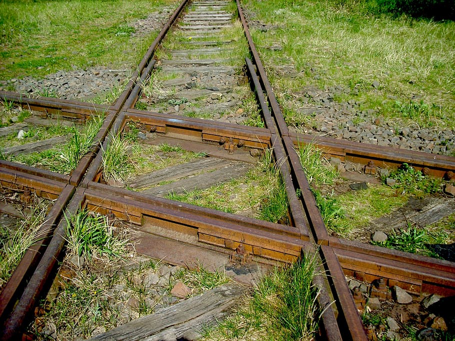 brown metal train rail, junction, seemed, gleise, crossroads, HD wallpaper