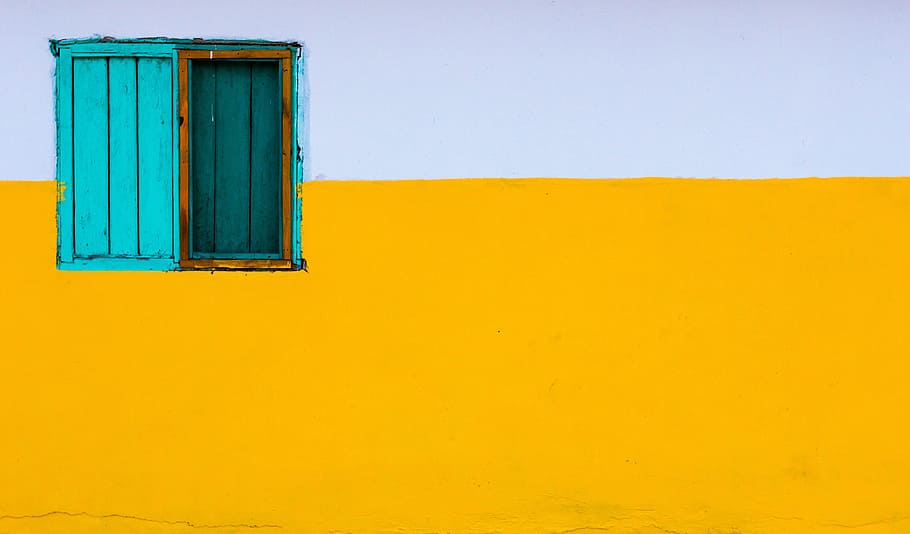 photo of blue teal wooden frame casement window, yellow, white HD wallpaper