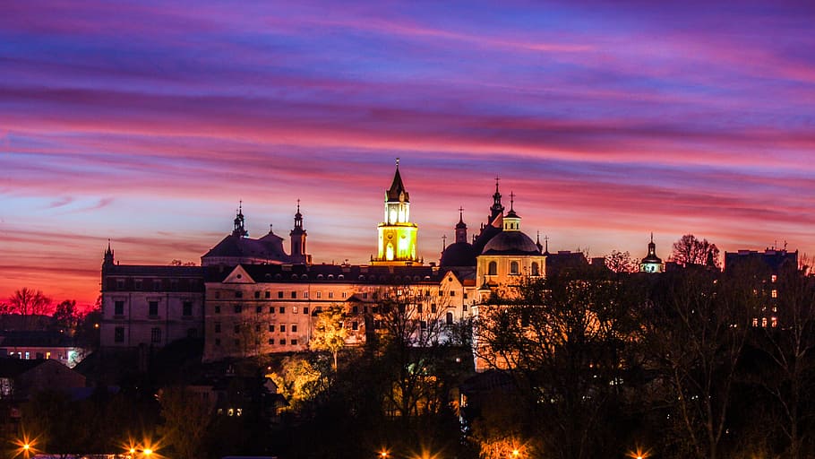 city building during nighttime, lublin, castle, west, poland