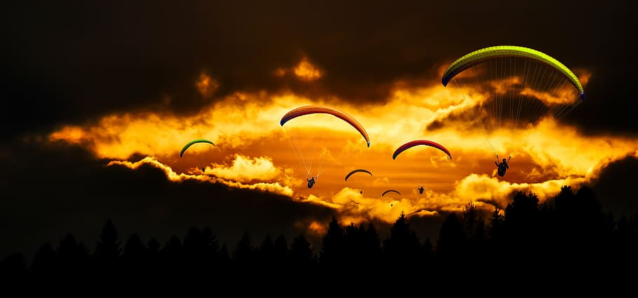 adventure, clouds, dawn, dusk, fly, parachutes, paragliders HD wallpaper