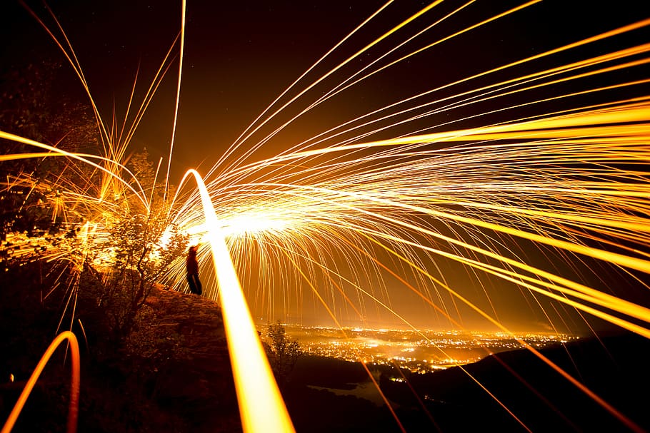 dark, lights, night, time lapse, firework display, illuminated HD wallpaper