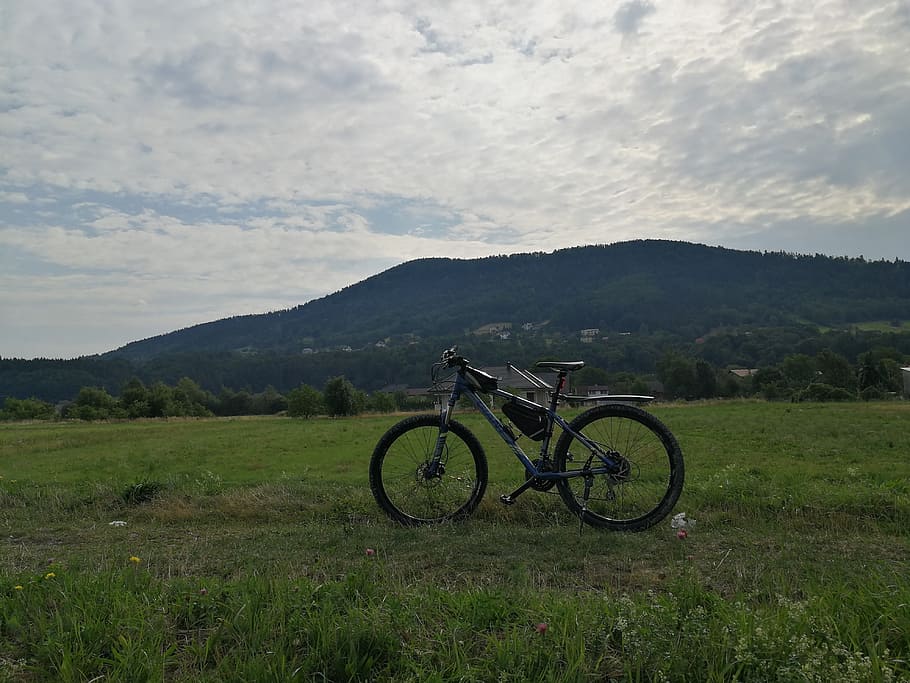 bicycle, mountains, nature, grass, transportation, sky, cloud - sky HD wallpaper