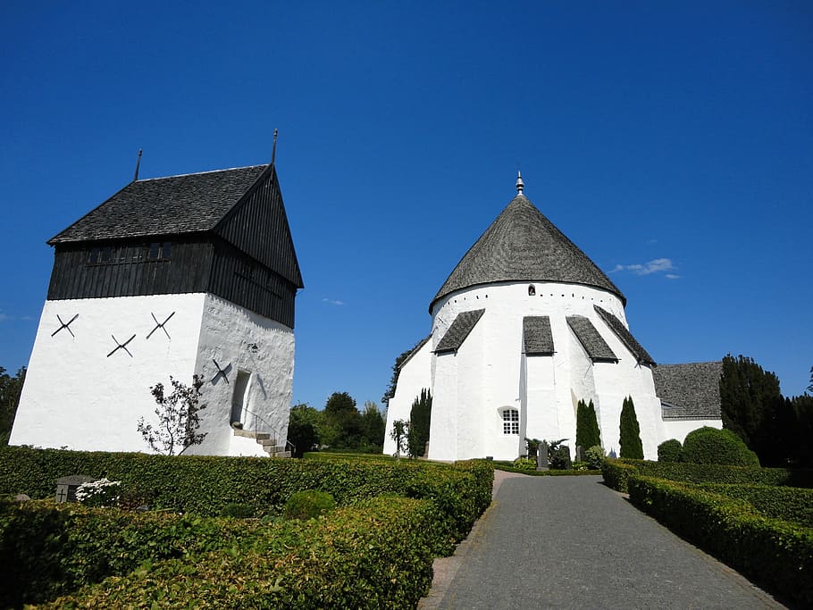 Round Church, Bornholm, Denmark, the round church, white church, HD wallpaper