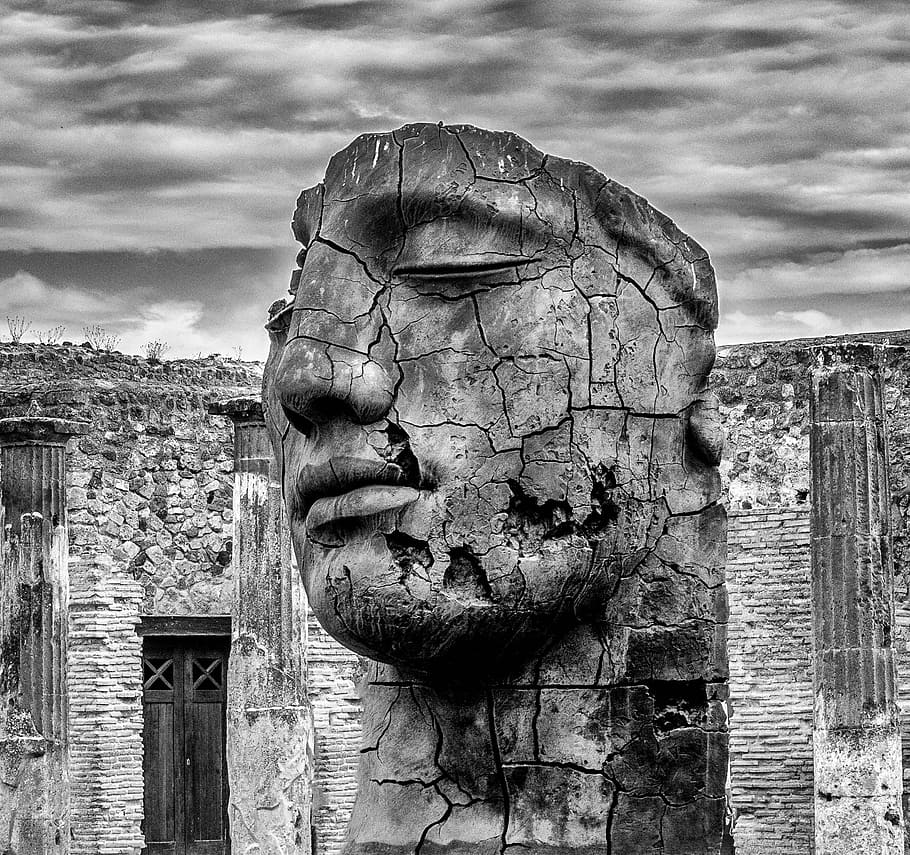 gray concrete building, head, stone, sculpture, face, human HD wallpaper