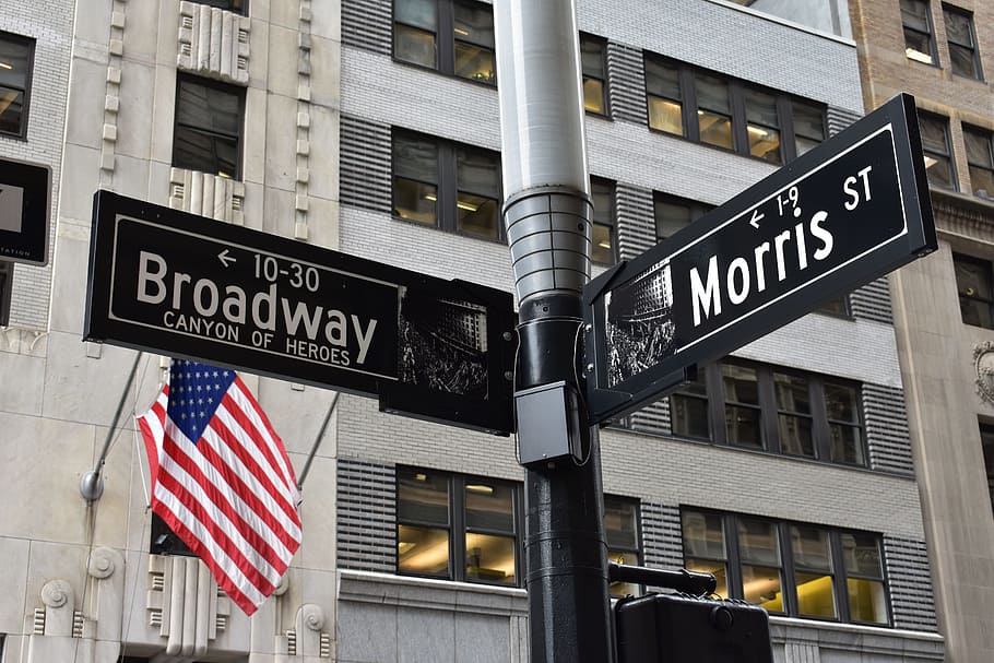 Grey and Black Broadway and Morris Street Signage Near U.s. Flag HD wallpaper