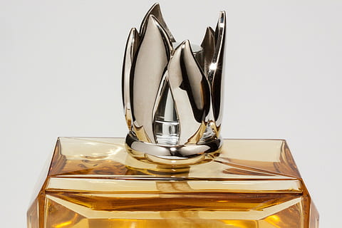 clear glass perfume bottle, closure, flame, stylized, lamp HD wallpaper