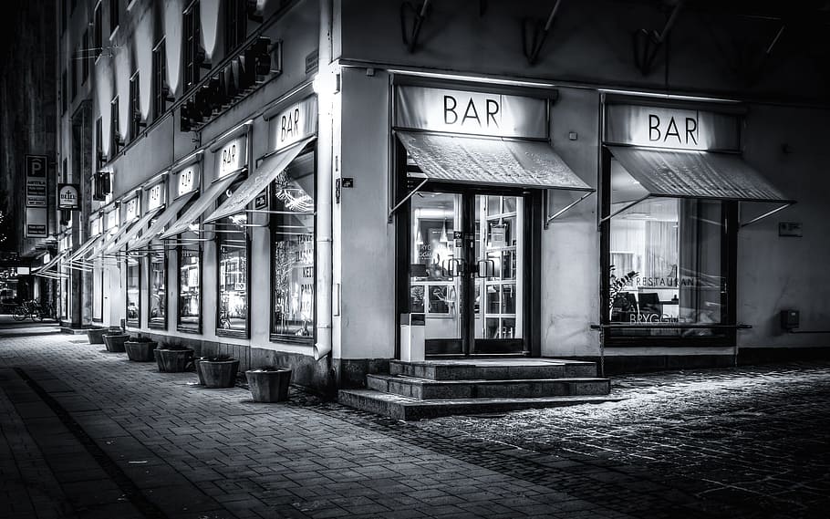 bar house in grayscale photography, Restaurant, Coffee Shop, Night, HD wallpaper
