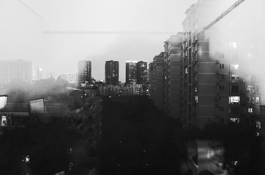 grayscale photo of city buildings, aerial grayscale photography of buildings HD wallpaper