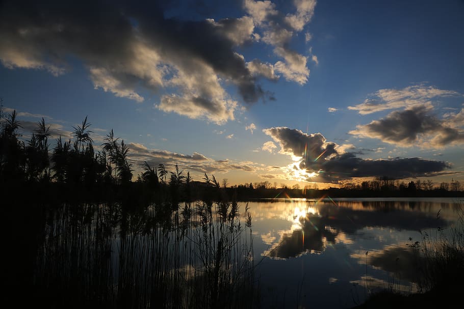reflection, nature, waters, sunset, dawn, lake, panorama, sky HD wallpaper