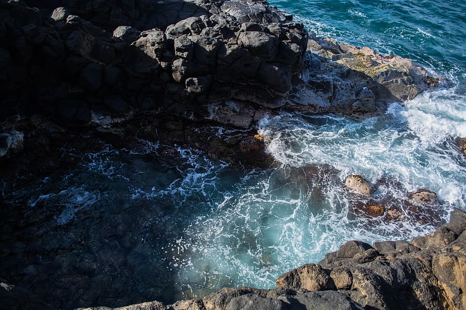 sea, landscape, beach, water, boulder, foam, high angle shot HD wallpaper