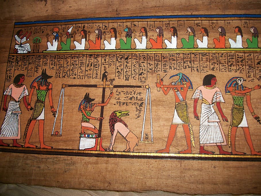 Egyptian hieroglyphics board, anubis, judgement, god, ancient HD wallpaper