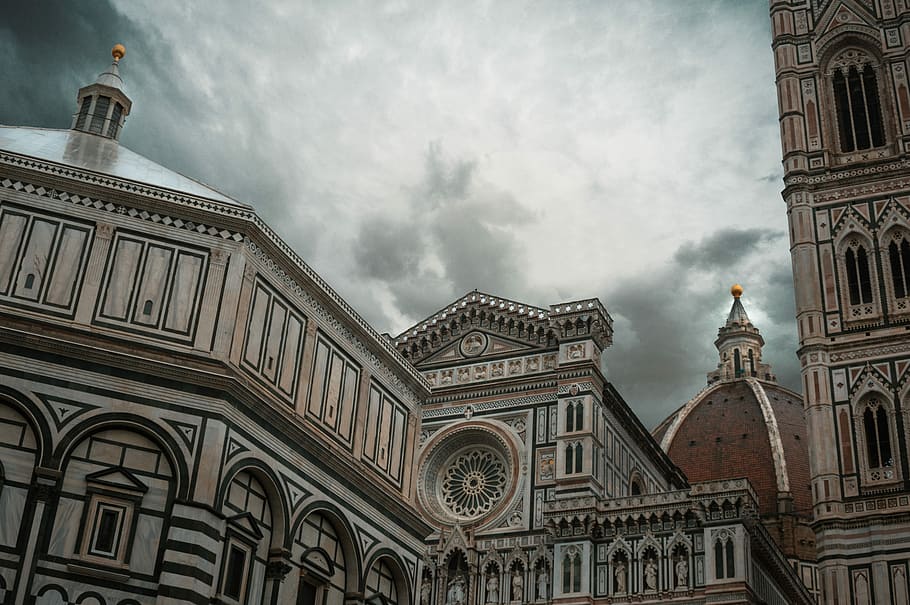 photo of church dome and building, cathedral under dark clouds HD wallpaper