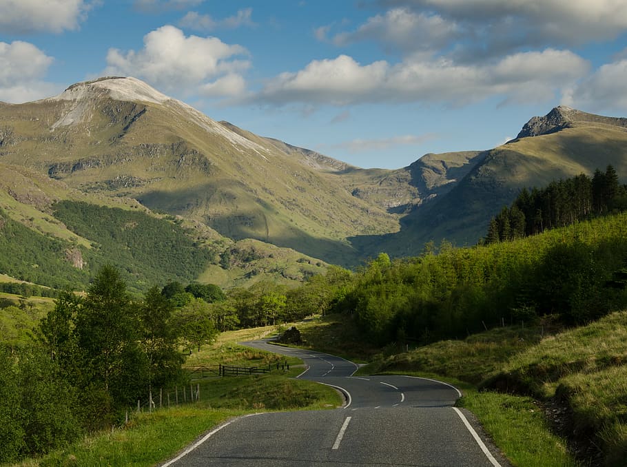road, mountains, landscape, sky, nature, clouds, forest, blue HD wallpaper