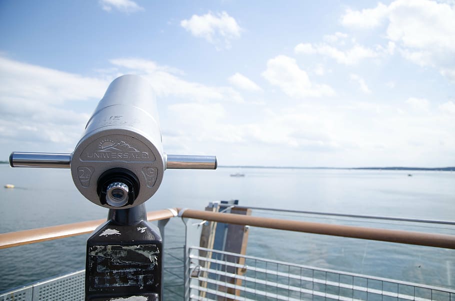 binoculars, bridge, clouds, poland, sea, sky, water, coin operated HD wallpaper