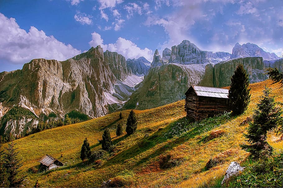 brown wooden house near mountains, dolomites, italy, south tyrol, HD wallpaper
