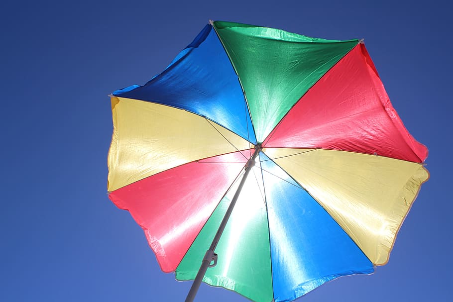 green, blue, and red umbrella under the sun, parasol, sun protection, HD wallpaper