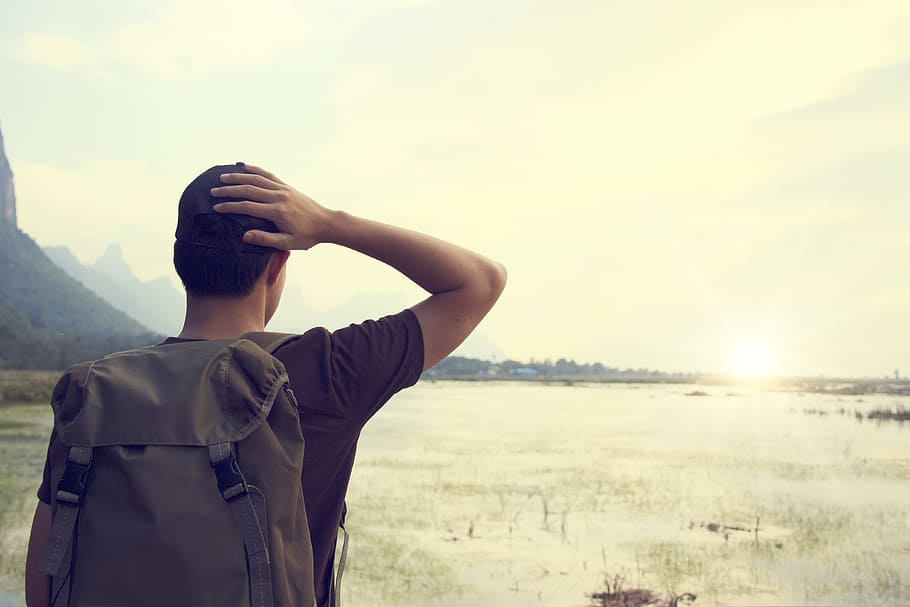 dawn, nature, sky, man, adult, back view, backpack, backpacker HD wallpaper