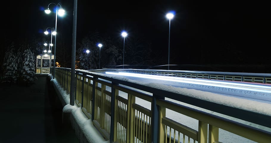 Bridge, Lights, Night, Winter, illuminated, street light, speed HD wallpaper