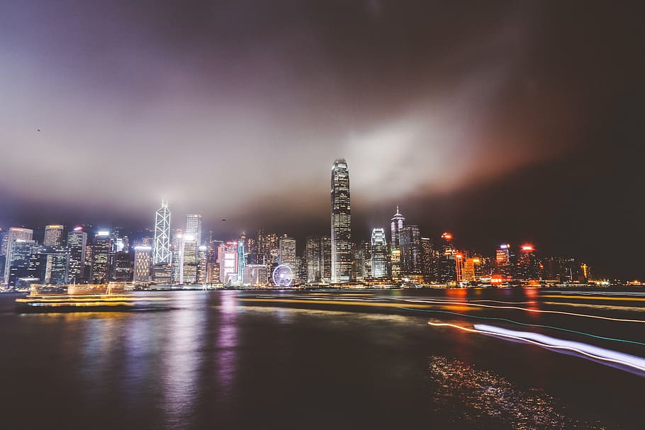 Hong Kong cityscape at night, panorama, view, skyline, illuminated HD wallpaper