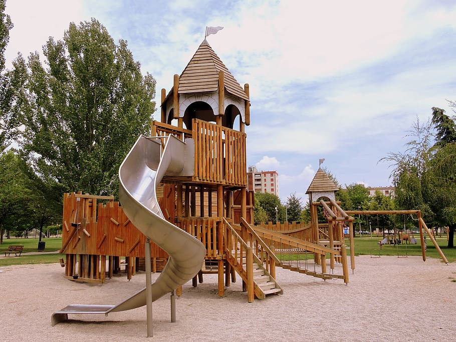 Playground, Slide, Castle, Swing, Game, park, fun, wood, sky HD wallpaper