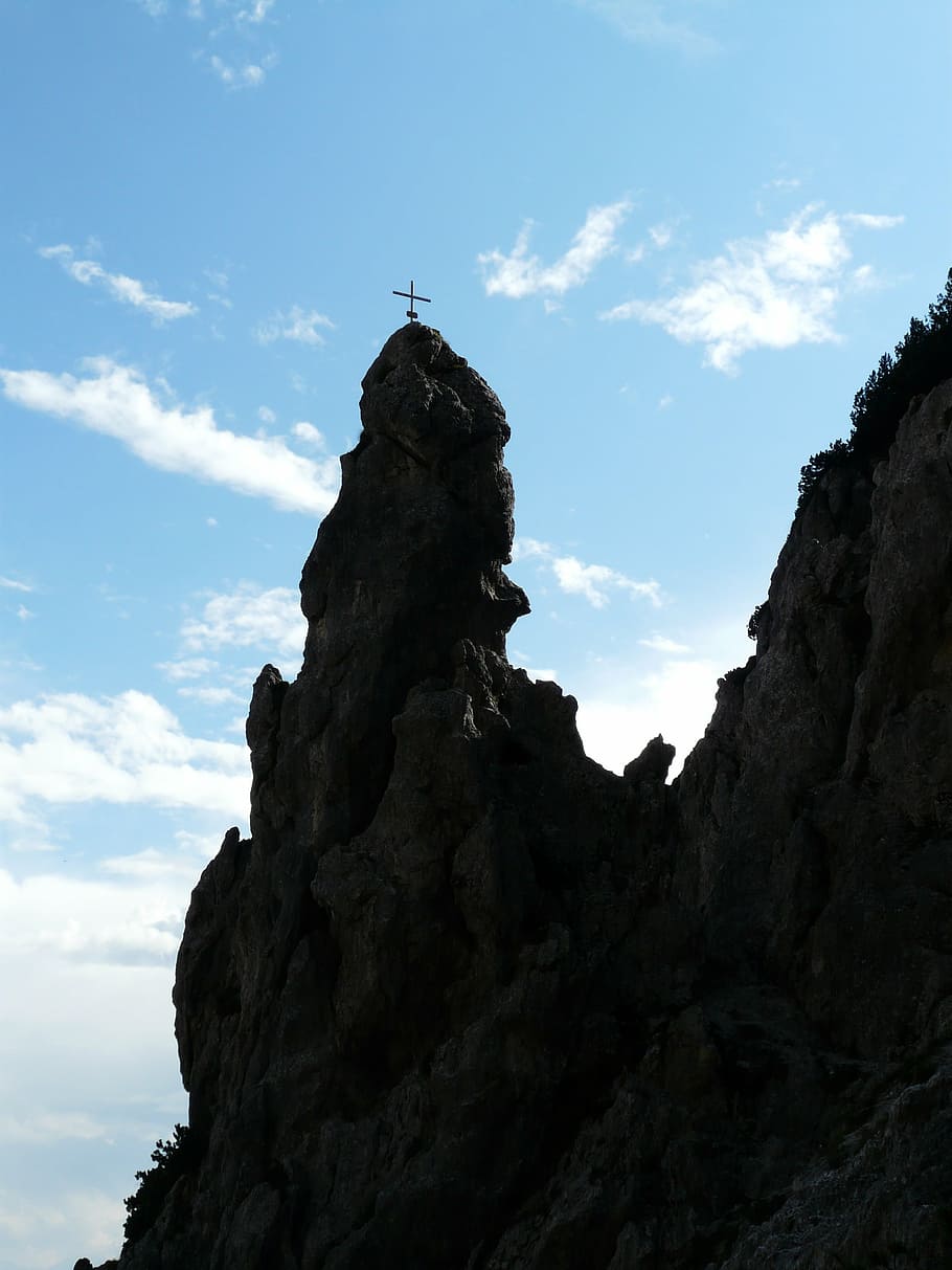 rock tower, cross, summit cross, mountains, alpine, wilderkaiser HD wallpaper