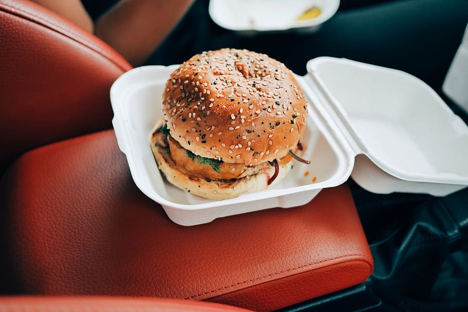 Hamburger on disposable plate, fast food, meal, restaurant, dinner