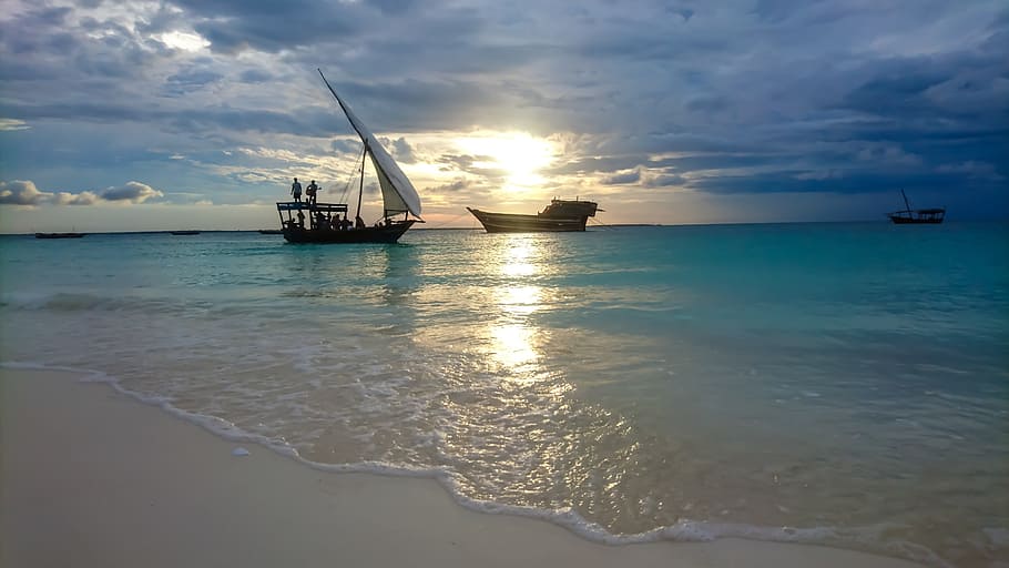 zanzibar, boats, sunset, beach, vacation, sea, water, nautical vessel, HD wallpaper