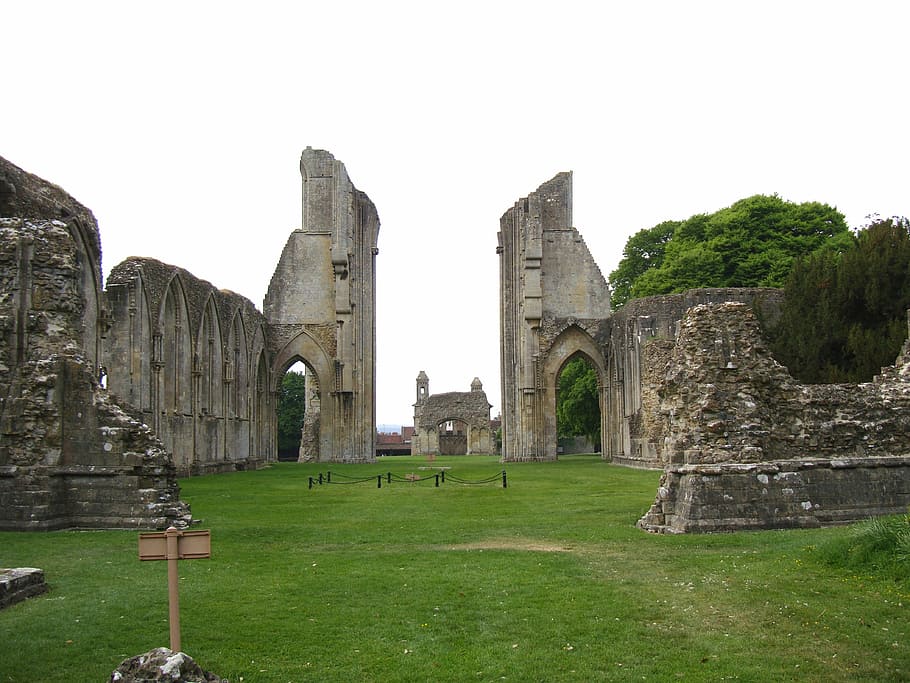 landscape photo of ruins, england, great britain, glastonbury abbey, HD wallpaper