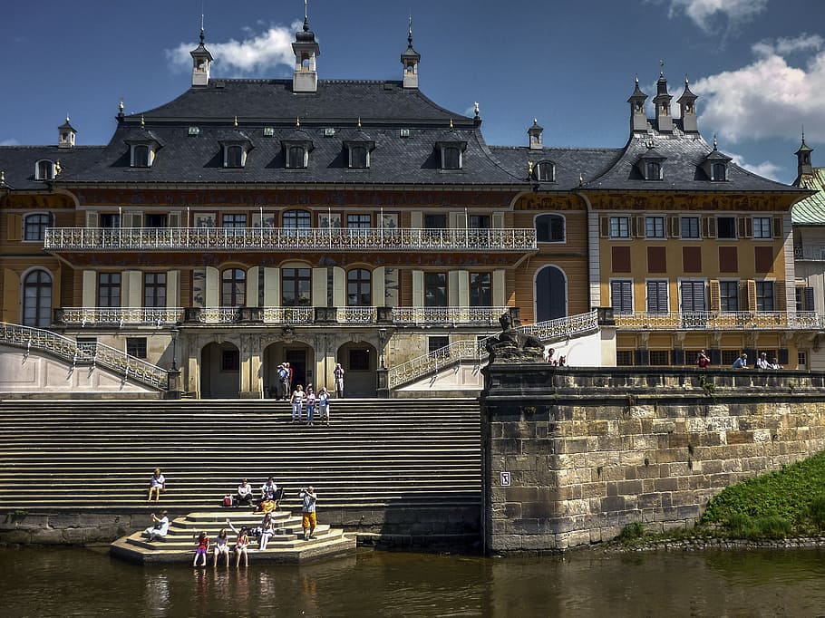 castle, pillnitz, dresden, summer, terrace, blue, sky, staircase, HD wallpaper