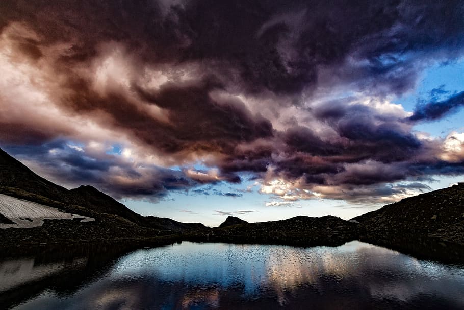 dawn, mountains, nature, sky, backlit, clouds, cloudy, dark, dusk HD wallpaper