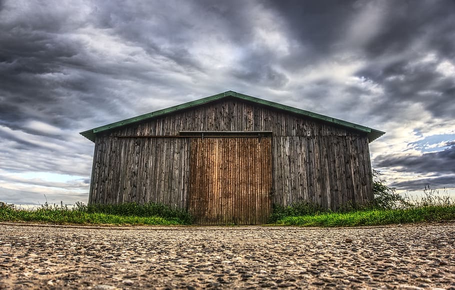 wooden shed and cloudy sky, barn, horizontal, farm, nature HD wallpaper