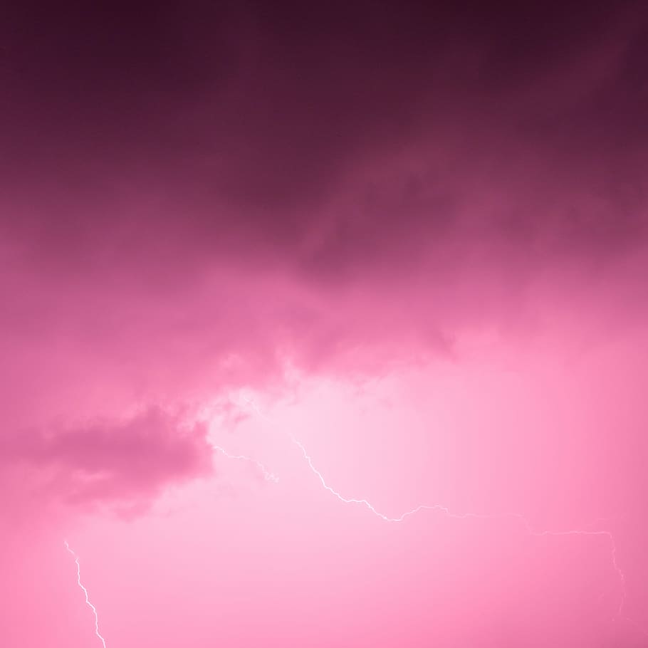 pink sky with lightning, clouds with thunder, storm, bolt, nature, HD wallpaper
