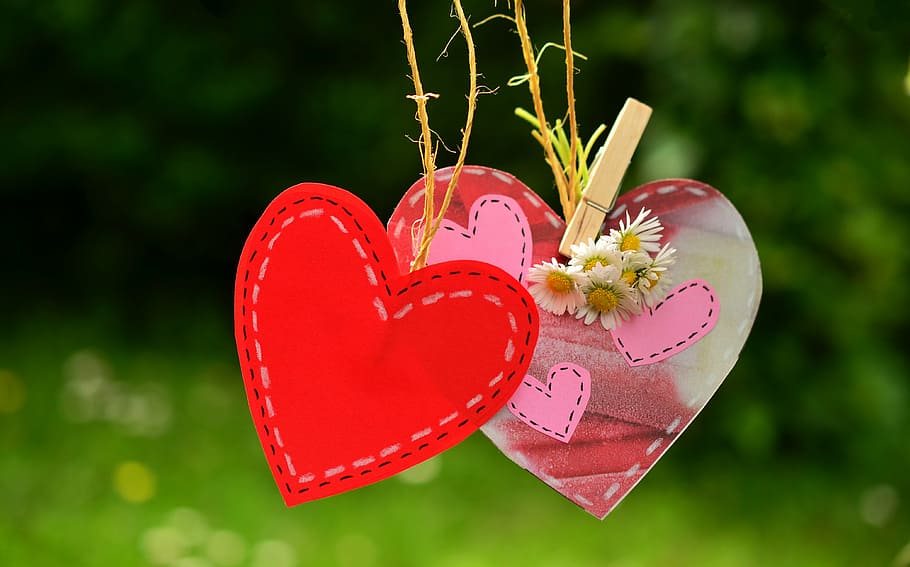 two red heart cards, love, valentine's day, friendship, wedding, HD wallpaper