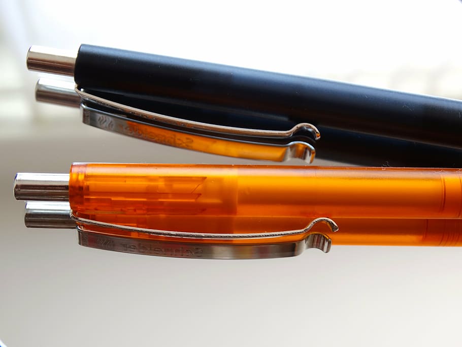kulli, pen, writing implement, writing utensil, orange, black, HD wallpaper